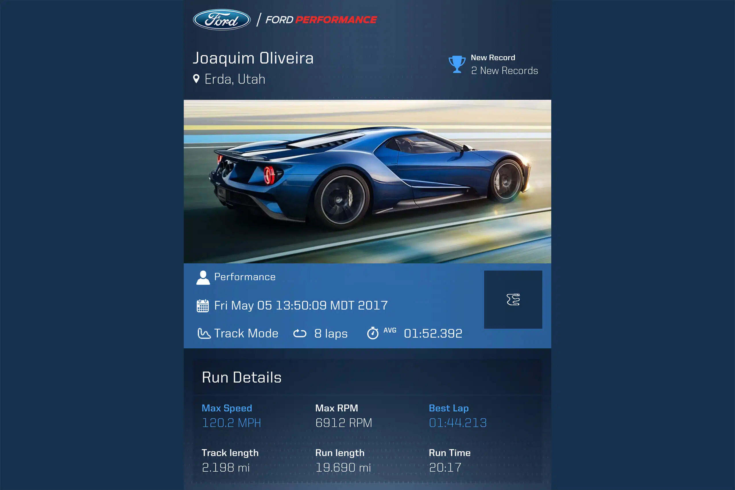 ecrã Ford Performance app