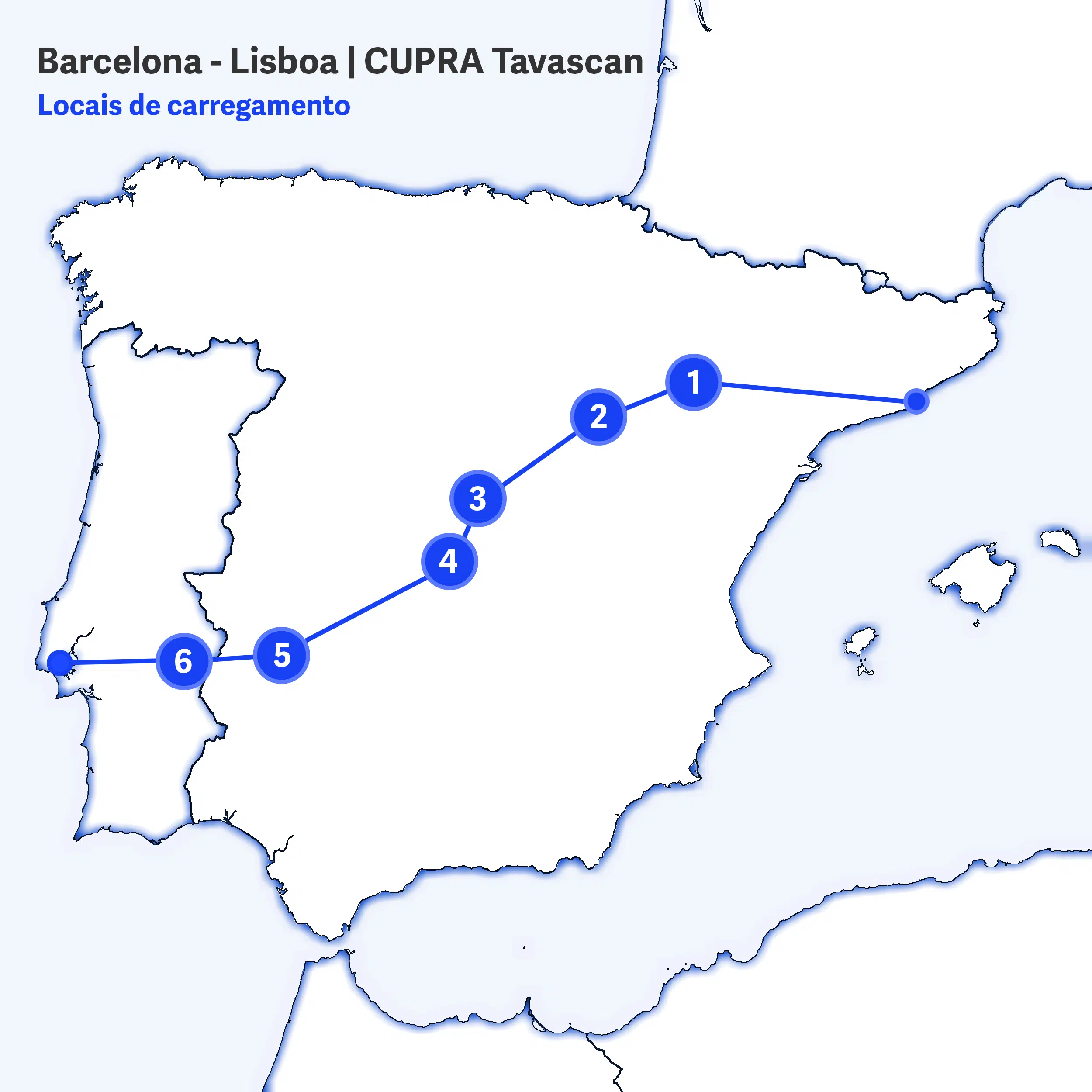 Mapa com trajeto efetuado e paragens para carregamento do CUPRA Tavascan