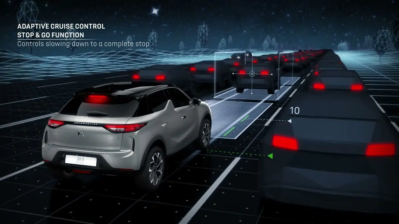 ilustração a mostrar o cruise control adaptativo em funcionamento